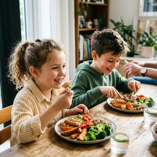 Crianças felizes adaptadas a uma reeducação alimentar saudável em casa.