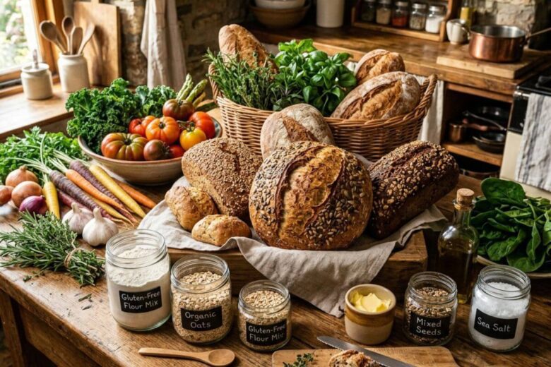 Uma mesa de cozinha rústica repleta de pães dourados sem glúten artesanais, vegetais frescos e ingredientes naturais, representando a categoria de Receitas.