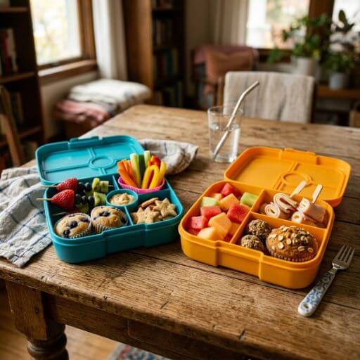 Duas lancheiras escolares coloridas e abertas, repletas de lanches saudáveis, frutas e muffins sem glúten caseiros, sobre uma mesa de jantar acolhedora, representando a categoria Família.