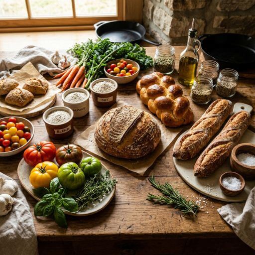 Uma mesa de cozinha rústica repleta de pães dourados sem glúten artesanais, vegetais frescos e ingredientes naturais, representando a categoria de Receitas.
