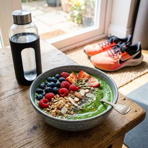 Um bowl vibrante de açaí com frutas frescas e granola sem glúten, ao lado de uma garrafa de água e ténis de corrida borrados ao fundo, simbolizando saúde e nutrição para atividade física.