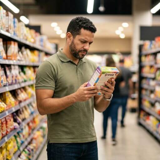 Homem focado a ler atentamente o rótulo de um produto no corredor de um supermercado para evitar glúten.
