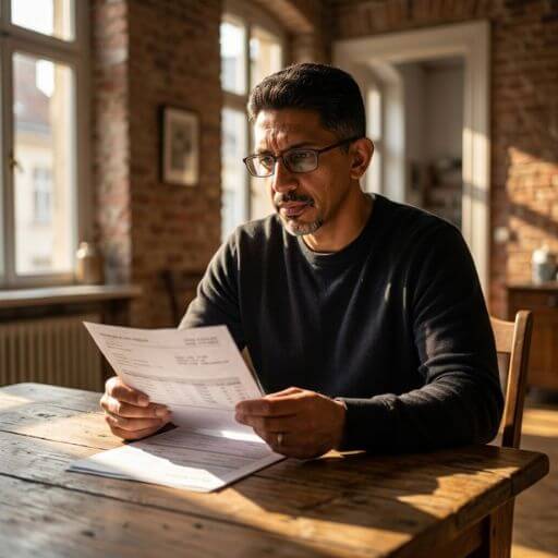 Faustino Ribeiro com expressão focada e reflexiva a analisar exames médicos em casa, representando o momento de choque que motivou a mudança na saúde da família.