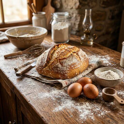 Ingredientes naturais e saudáveis sobre uma mesa rústica de madeira na preparação de pães sem glúten.