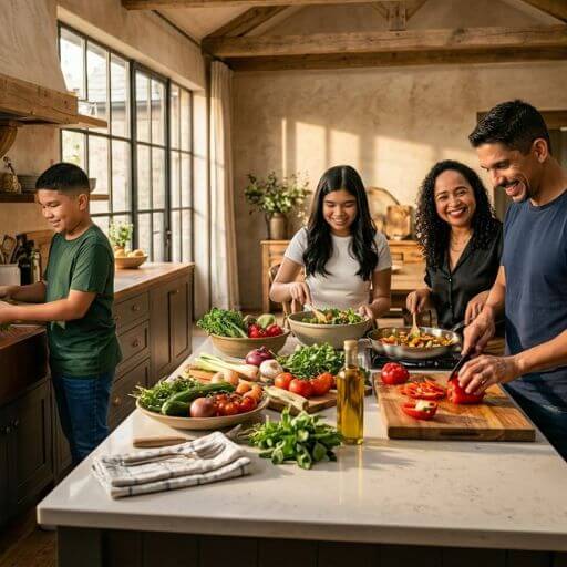 Família preparando uma receita saudável na cozinha, representando a missão de reeducação alimentar e saúde do blog Livre de Glúten.