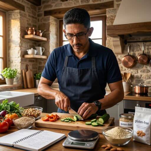 Faustino Ribeiro focado na cozinha, a transformar o espaço num laboratório para testar novas receitas sem glúten após o diagnóstico médico da família.