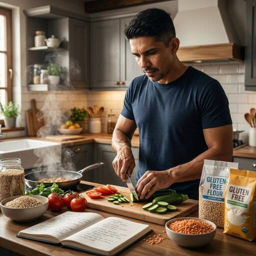 Faustino Ribeiro focado na cozinha, a transformar o espaço num laboratório para testar novas receitas sem glúten após o diagnóstico médico da família.