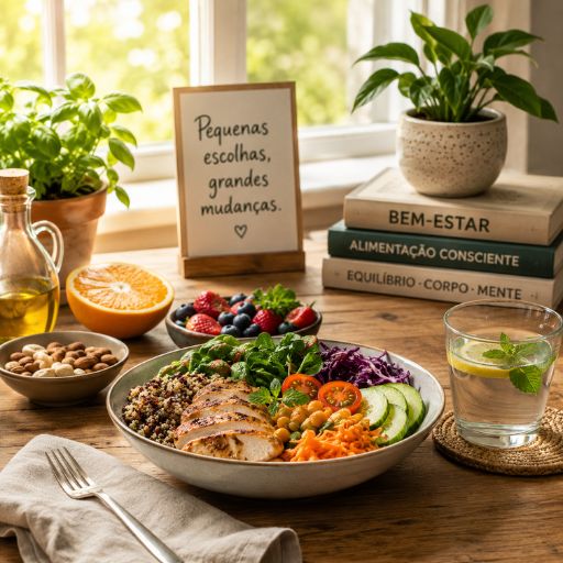 Alimentos variados e ingredientes frescos representando bem-estar e escolhas alimentares equilibradas no dia a dia.