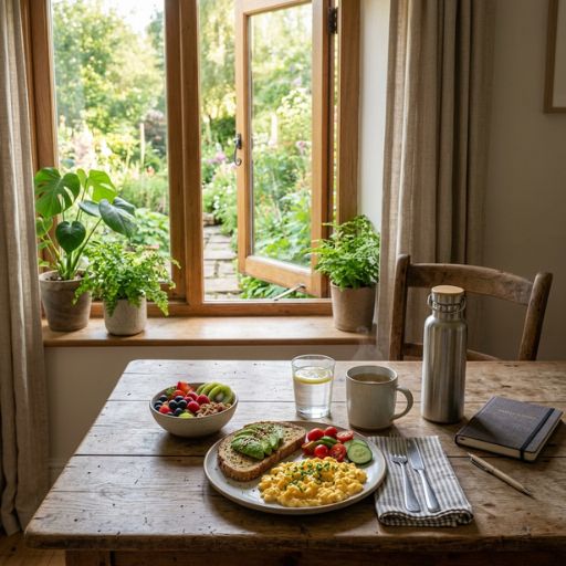 Mesa com alimentos variados e naturais representando bem-estar e escolhas conscientes no cotidiano.
