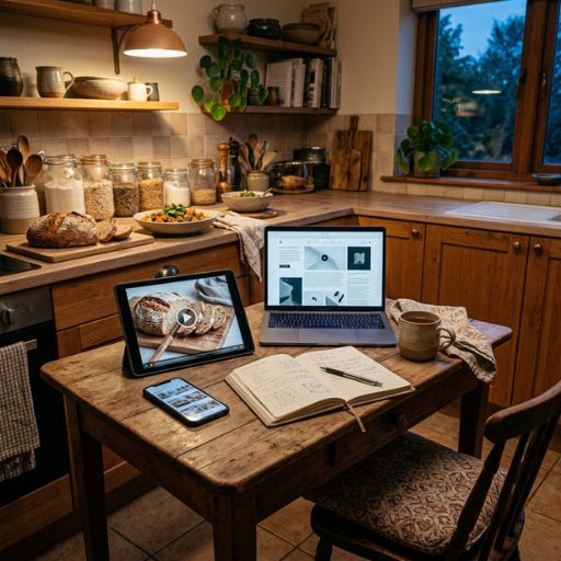 Cozinha conectada a conteúdos digitais, receitas e aprendizado, representando a comunidade do Livre de Glúten.