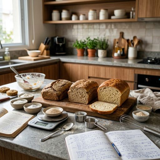 Testes de pães, ingredientes e anotações em uma cozinha usada como espaço de aprendizado e experimentação sem glúten.