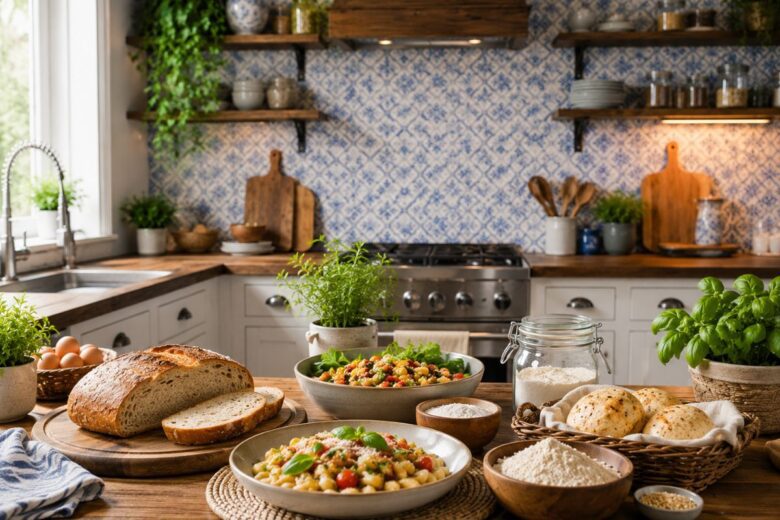 Cozinha com receitas sem glúten e alimentos variados, representando receitas, bem-estar e educação culinária.