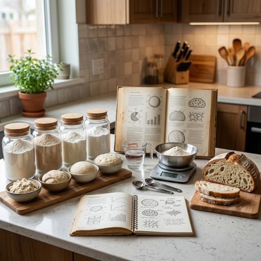 Farinhas, utensílios e testes culinários representando o estudo de ingredientes e técnicas da cozinha sem glúten.