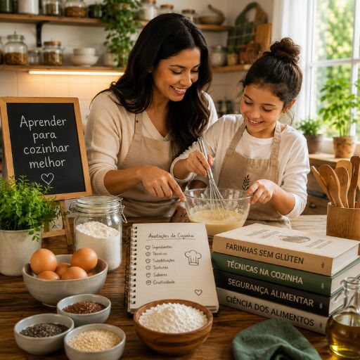 Mulher ensinando uma jovem a preparar uma receita, representando educação culinária e aprendizado na cozinha.