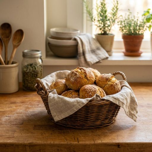 Cesta com pão francês caseiro sem glúten pronto para o café da manhã da família.