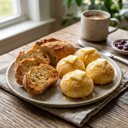 Pão francês caseiro sem glúten fatiado ao lado de pães de queijo macios e manteiga para o café da manhã.