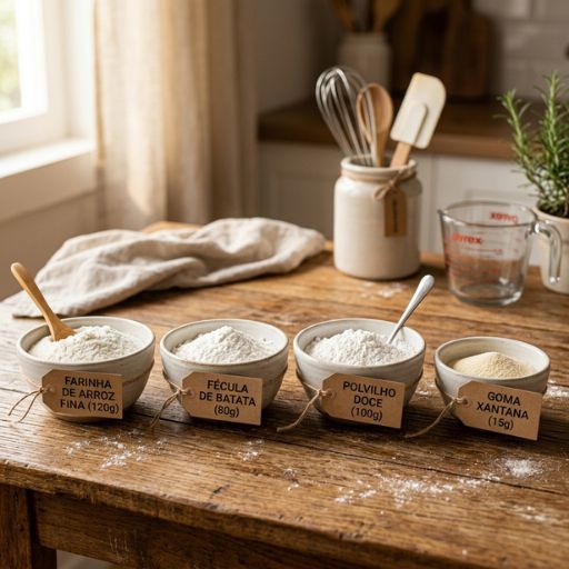 Ingredientes essenciais para substituir o pão de sal dispostos na mesa em potes de cerâmica.