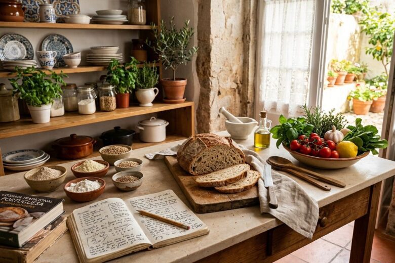 Cozinha com alimentos, ingredientes e materiais de estudo representando a história e a missão educativa do Livre de Glúten.