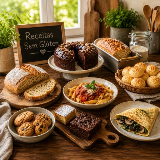 Variedade de receitas sem glúten caseiras, incluindo pães, massas, bolos e outros pratos.