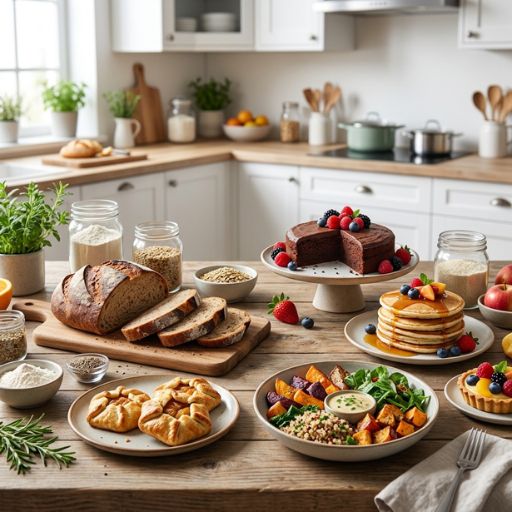 Variedade de receitas sem glúten caseiras, com pães, pratos salgados, bolos e outras preparações.